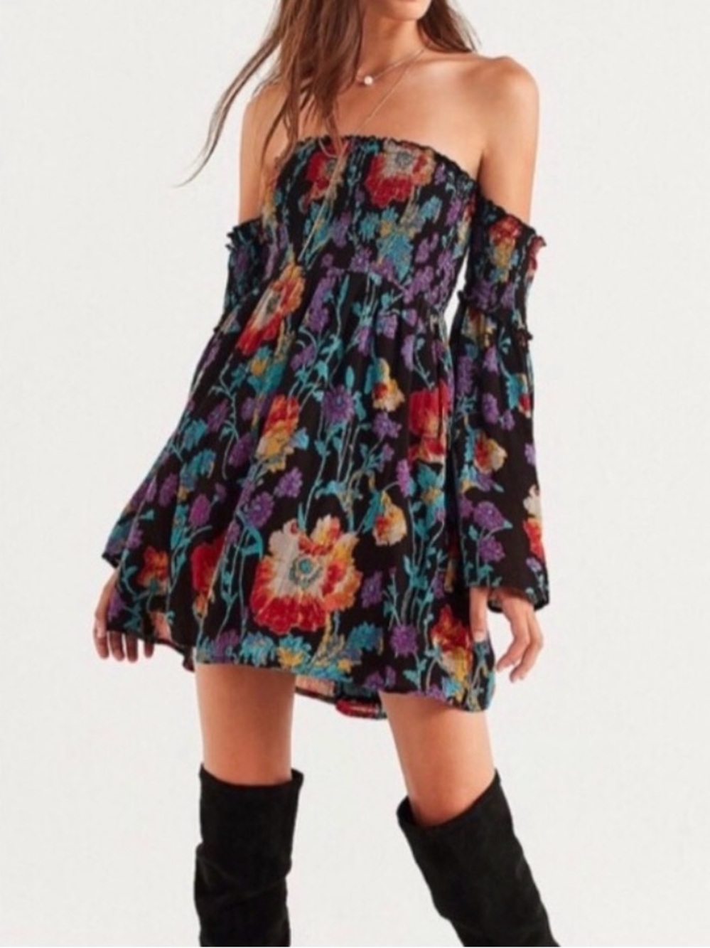 Ecote Off Shoulder floral Smocked Tunic Mini Dress bell sleeves smocked